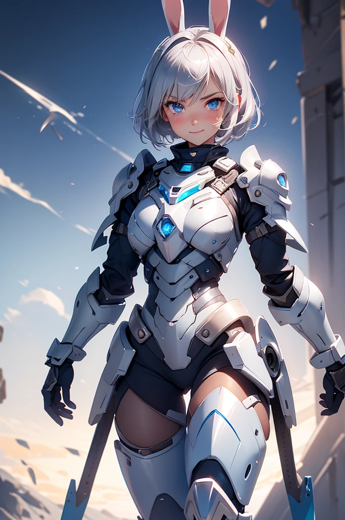 loking at viewer, light smile, blush,, o, cowboy shot, v arms, short silver hair, blue eyes, serious looks. looking at viewer, cowboy shot, solo, silver bunny ears,  lack bodysuit,  gloves, blue boots floating armor, power armor