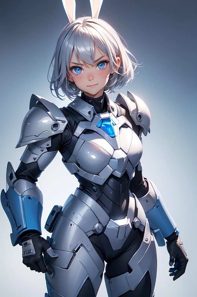 loking at viewer, light smile, blush,, o, cowboy shot, v arms, short silver hair, blue eyes, serious looks. looking at viewer, cowboy shot, solo, silver bunny ears,  lack bodysuit,  gloves, blue boots floating armor, power armor