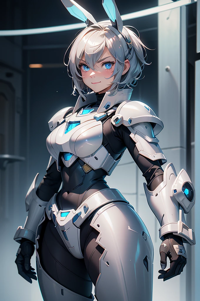 loking at viewer, light smile, blush,, o, cowboy shot, v arms, short silver hair, blue eyes, serious looks. looking at viewer, cowboy shot, solo, silver bunny ears, lack bodysuit, gloves, blue boots floating armor, power armor