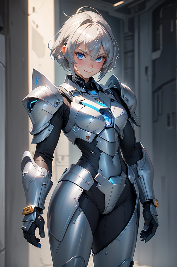 loking at viewer, light smile, blush,, o, cowboy shot, v arms, short silver hair, blue eyes, serious looks. looking at viewer, cowboy shot, solo, silver bunny ears, lack bodysuit, gloves, blue boots floating armor, power armor