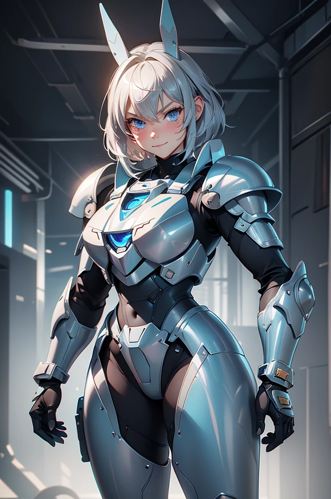 loking at viewer, light smile, blush,, o, cowboy shot, v arms, short silver hair, blue eyes, serious looks. looking at viewer, cowboy shot, solo, silver bunny ears, lack bodysuit, gloves, blue boots floating armor, power armor