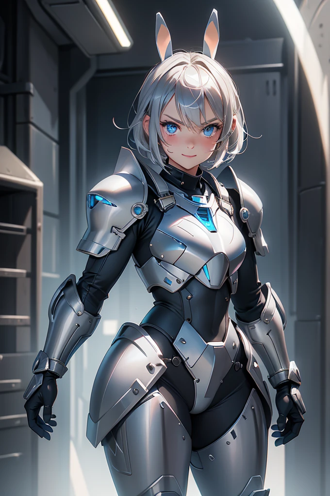 loking at viewer, light smile, blush,, o, cowboy shot, v arms, short silver hair, blue eyes, serious looks. looking at viewer, cowboy shot, solo, silver bunny ears, lack bodysuit, gloves, blue boots floating armor, power armor