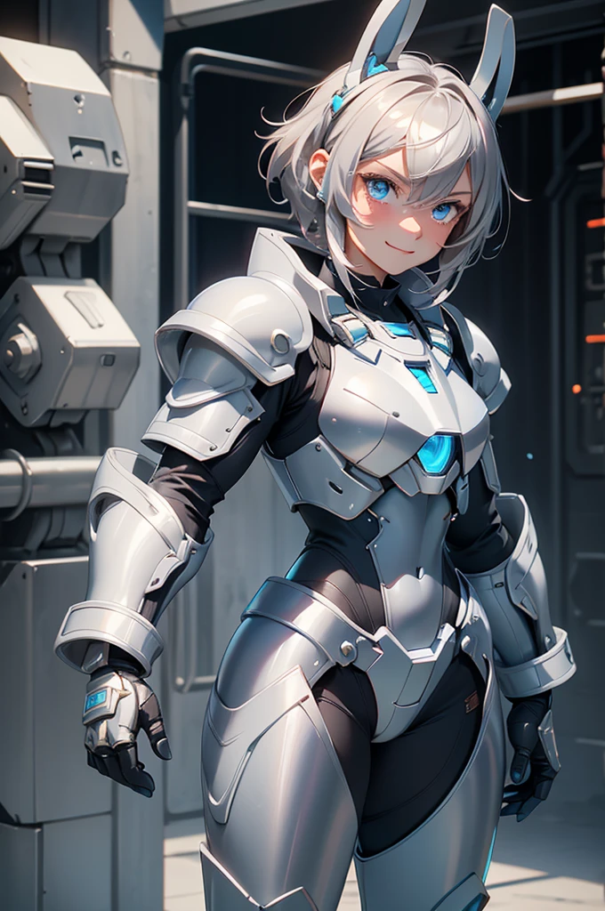 loking at viewer, light smile, blush,, o, cowboy shot, v arms, short silver hair, blue eyes, serious looks. looking at viewer, cowboy shot, solo, silver bunny ears, lack bodysuit, gloves, blue boots floating armor, power armor