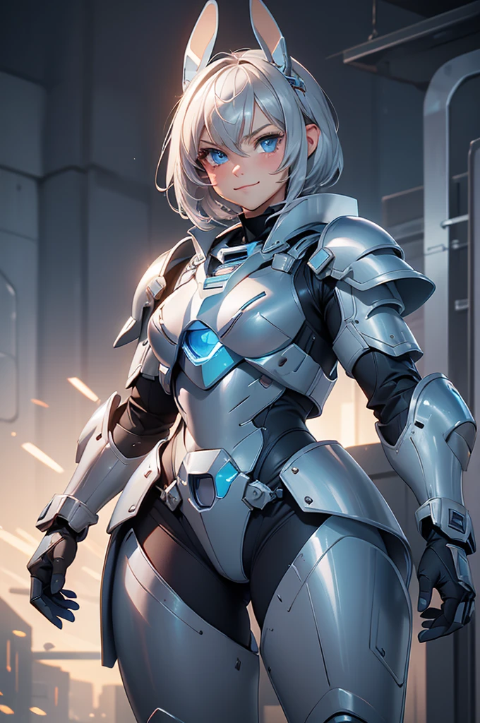 loking at viewer, light smile, blush,, o, cowboy shot, v arms, short silver hair, blue eyes, serious looks. looking at viewer, cowboy shot, solo, silver bunny ears, lack bodysuit, gloves, blue boots floating armor, power armor