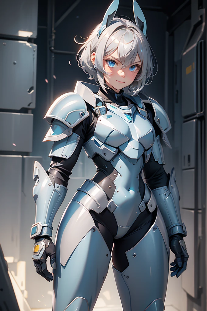 loking at viewer, light smile, blush,, o, cowboy shot, v arms, short silver hair, blue eyes, serious looks. looking at viewer, cowboy shot, solo, silver bunny ears, lack bodysuit, gloves, blue boots floating armor, power armor