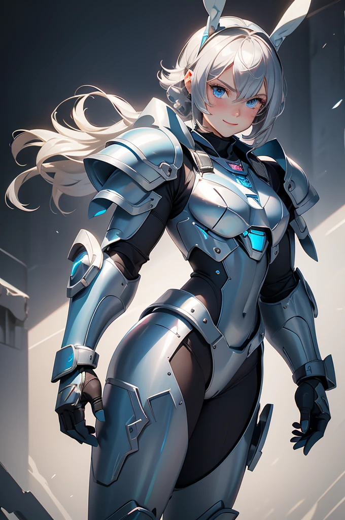 loking at viewer, light smile, blush,, o, cowboy shot, v arms, short silver hair, blue eyes, serious looks. looking at viewer, cowboy shot, solo, silver bunny ears, lack bodysuit, gloves, blue boots floating armor, power armor