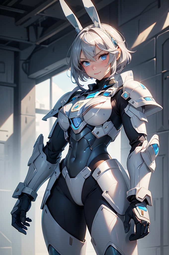 loking at viewer, light smile, blush,, o, cowboy shot, v arms, short silver hair, blue eyes, serious looks. looking at viewer, cowboy shot, solo, silver bunny ears, lack bodysuit, gloves, blue boots floating armor, power armor