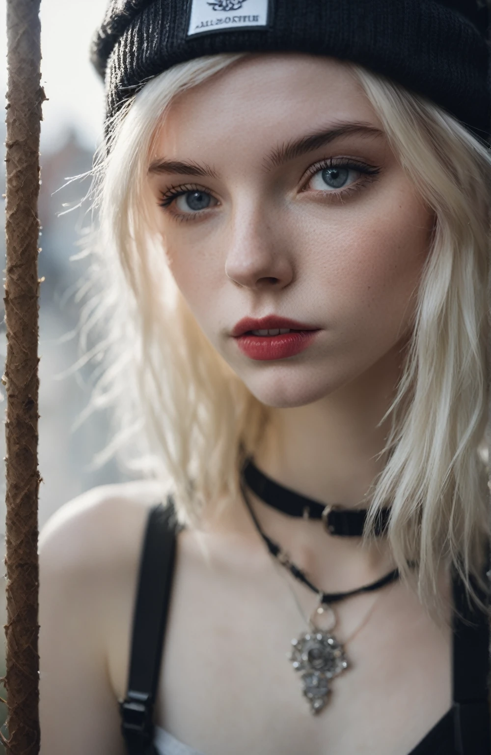 Thorough,analog style,eye focus,highest quality,(highly detailed skin),photo of an exquisitely beautiful pale skin punk Dutch girl,21yo,(wearing harness, and beanie),perfect face,alluring eyes,[seductive makeup],skin pores,(piercing:0.5),indoor,messy bedroom,(bokeh:0.6),sharp focus,dappled lighting,(backlighting:0.7),film grain,photographed on a Sony A7R IV,18mm F/1.7 cine lens,(highly detailed, intricately detailed),8k,HDR,seductively posing,front view,(upper body:0.9),