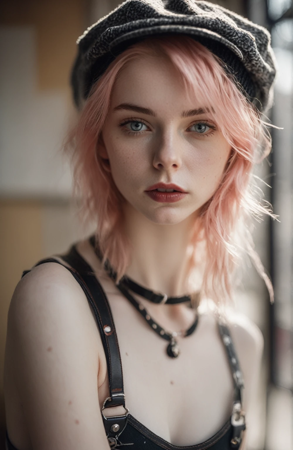 Complet,style analogique,mise au point des yeux,la plus haute qualité,(très détaillé skin),photo d&#39;une hollandaise punk à la peau pâle d&#39;une beauté exquise,21 ans,(porter un harnais, et un bonnet),visage parfait,yeux séduisants,[maquillage séduisant],pores de la peau,(perçant:0.5),intérieur,chambre en désordre,(bokeh:0.6),netteté,éclairage tacheté,(rétroéclairage:0.7),grain de film,photographié sur un Sony A7R IV,18mm F/1.7 objectifs cinéma,(très détaillé, complexe et détaillé),8k,HDR,Poser de manière séduisante,vue de face,(Haut du corps:0.9),