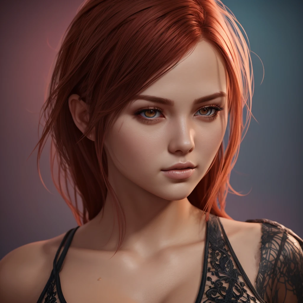 cute red head woman, full body, photorealistic, 8k sharp focus, Hyperrealistic, splash art, concept art, mid shot, intricately detailed, color depth, dramatic, 2/3 face angle, side light, colorful background