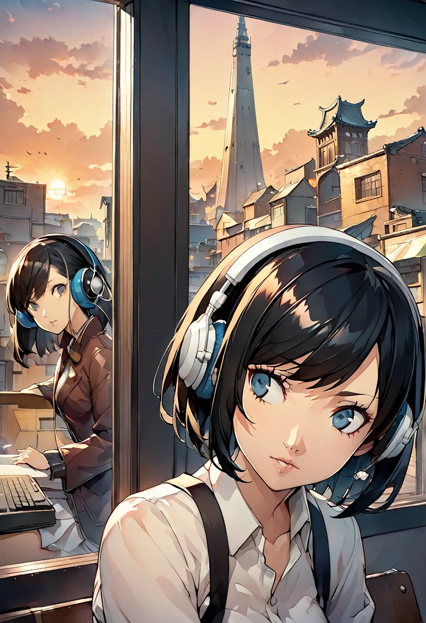 coucher de soleil, Lin Tianwen, Convertir cette image en illustration de style 2D, des bandes dessinées, Dessin animé japonais, Le fond est une ville rétro, Papier peint blanc, L0-Fi Hip-Hop, Une belle fille très détaillée, visage parfait,cheveux noirs, coupe au carré,Qi Liuhai étudie dans la pièce, Mettez vos écouteurs, illustration, Pochette de CD low-fi, (Détourne le regard:1.3)