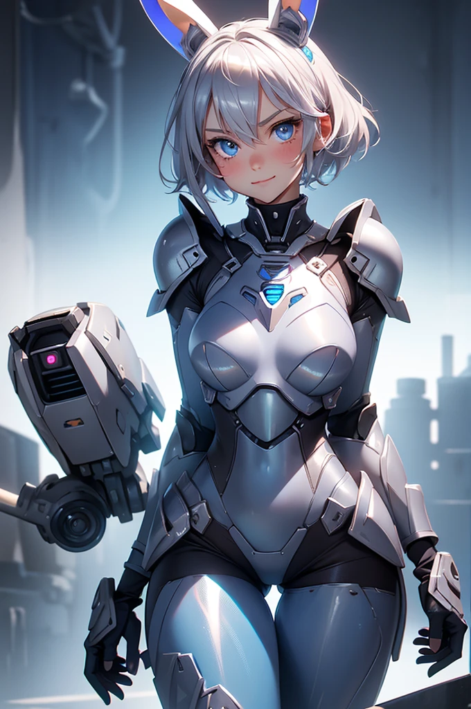 loking at viewer, light smile, blush,, o, cowboy shot, v arms, short silver hair, blue eyes, serious looks. looking at viewer, cowboy shot, solo, silver bunny ears,  lack bodysuit,  gloves, blue boots floating armor, power armor