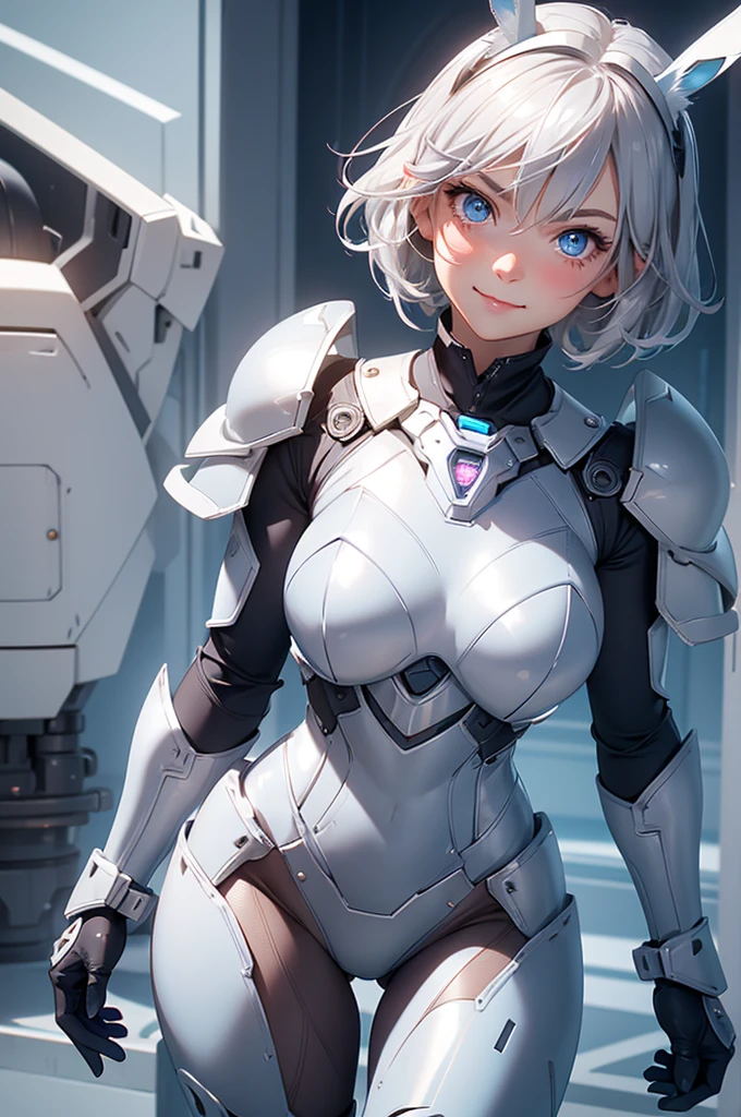 loking at viewer, light smile, blush,, o, cowboy shot, v arms, short silver hair, blue eyes, serious looks. looking at viewer, cowboy shot, solo, silver bunny ears,  lack bodysuit,  gloves, blue boots floating armor, power armor