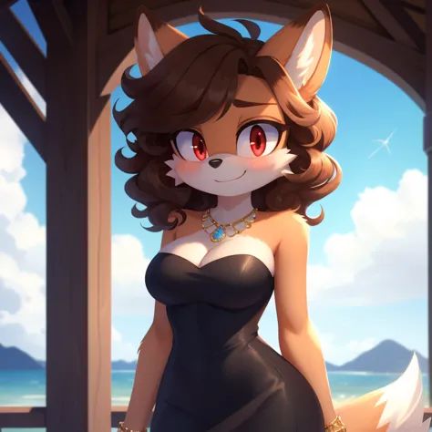 mobian, hedgehog, two-tone fur ((orange fur, brown fur)), strapless tight dress, cleavage, two-tone hair (brown hair, black tip)...