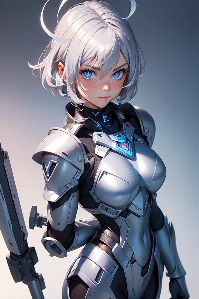 loking at viewer, light smile, blush,, o, cowboy shot, v arms, short silver hair, blue eyes, serious looks. looking at viewer, cowboy shot, solo, silver bunny ears,  lack bodysuit,  gloves, blue boots floating armor, power armor