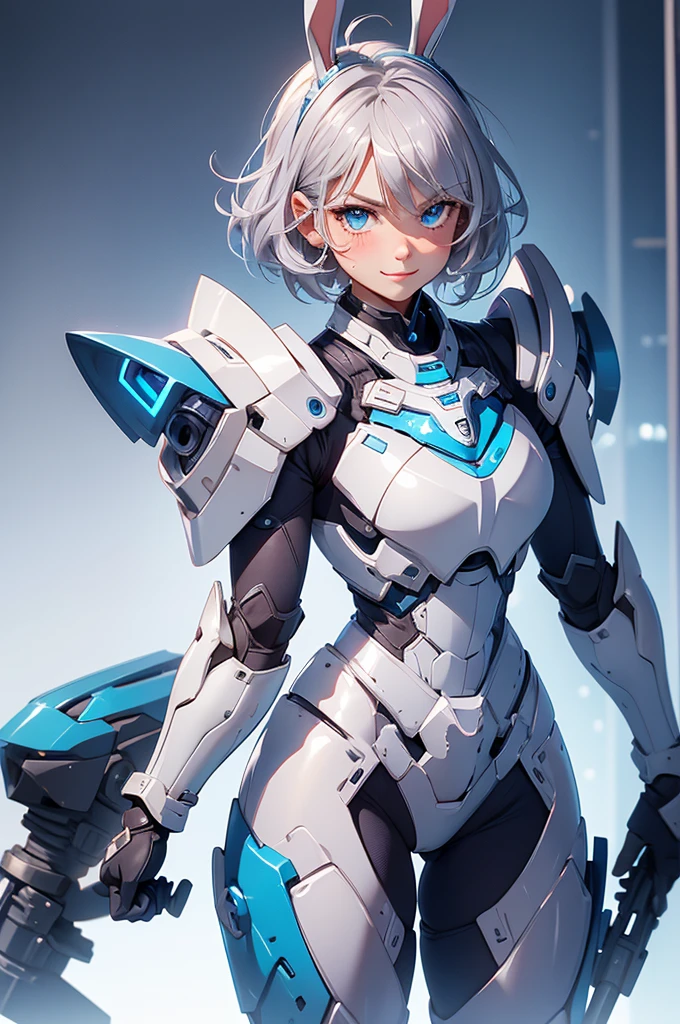 loking at viewer, light smile, blush,, o, cowboy shot, v arms, short silver hair, blue eyes, serious looks. looking at viewer, cowboy shot, solo, silver bunny ears,  lack bodysuit,  gloves, blue boots floating armor, power armor