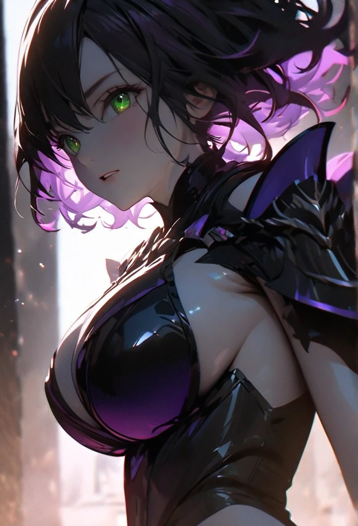 (solo), purple hair, messy hair, mane hair, short hair, dense hair, wild hair, expressive hair,(25 year old), pale skin, ((Female)), green eyes, beautiful girl, wearing purple boss armor, beautiful, attractive, huge breast, big ass, eye reflection, depth of field, thunder aura, cinematic lighting, ray tracing, depth of field, cinematic lighting, ray tracing, UHD, high details, best quality, highres, high quality, award winning, super detail, masterpiece, 8k, UHD, high details, best quality, highres, high quality, award winning, super detail, masterpiece, 8k, digital art, anime coloring, body shot, full body, back shot, good face, perfect face, detailed face, good eyes. The background is space. A whitehole in the background.