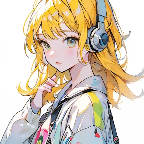 masterpiece、One Girl、Yellow Hair、Fashionable clothes、Pure white background、Wearing headphones