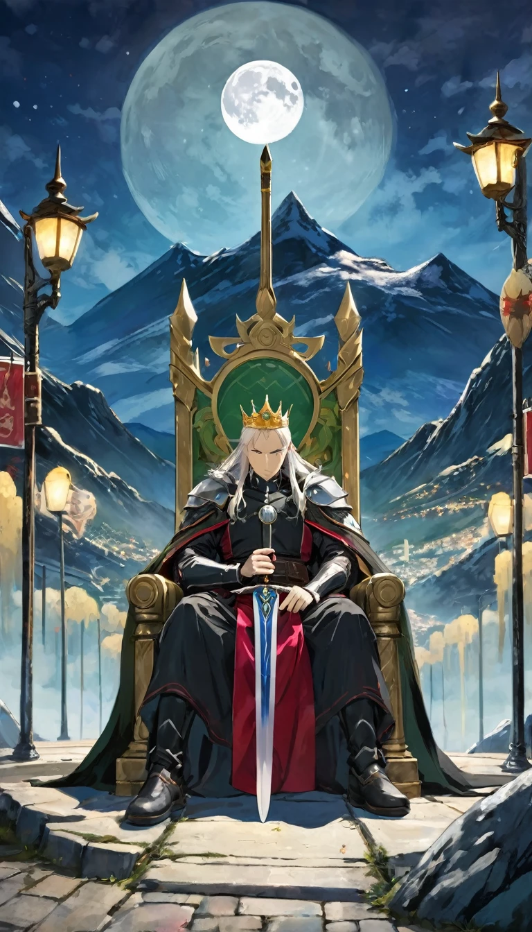 wise king sitting on his throne, throne in the street, mountain and moon landscape, serenity, sword (art inspired by Bill Sienkiewicz)
