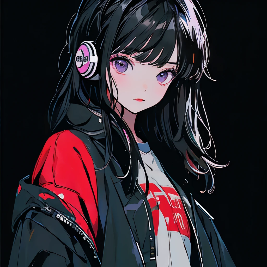 masterpiece、One Girl、Black Hair、Fashionable clothes、Black jacket、Deep purple background、Wearing headphones