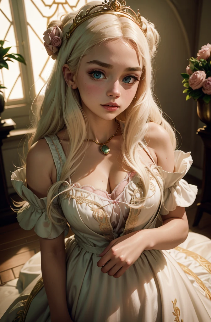 White Blonde hair, fluffy hair, stylish hair, long hair, lilac eyes, perfect eyes, beautiful, perfect face, tween, dainty , short, kind, curvy, a flowing pale airy gown with ruffles along the bottom with tiny pink flowers and gold dragon embroideries with flowers, Her tiara had a pretty teal gemstones, silver necklace, noble class, royal, royalty, red castle, feasting hall, medieval, elegant surroundings, soft dewy makeup look, light peach blush, soft tan eyeshadow, light coral lipstick, cutesy, girlish, girly, guileless, ingénue, princess , whimsical lighting, Targaryen, dragons in the sky, photorealistic
