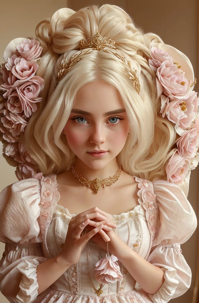 White Blonde hair, fluffy hair, stylish hair, long hair, lilac eyes, perfect eyes, beautiful, perfect face, tween, dainty , short, kind, curvy, a flowing pale airy gown with ruffles along the bottom with tiny pink flowers and gold dragon embroideries with flowers, Her tiara had a pretty teal gemstones, silver necklace, noble class, royal, royalty, red castle, feasting hall, medieval, elegant surroundings, soft dewy makeup look, light peach blush, soft tan eyeshadow, light coral lipstick, cutesy, girlish, girly, guileless, ingénue, princess , whimsical lighting, Targaryen, dragons in the sky, photorealistic
