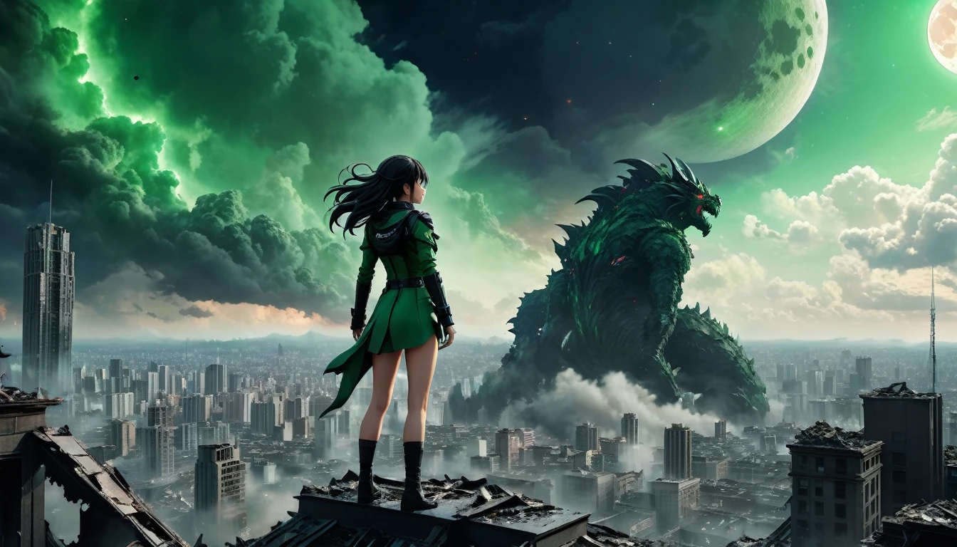 8K 고해상도 이미지, 건물 꼭대기에 서있는 여자,일본 만화 영화, 우주 괴물에 의해 파괴된 도시, 삼키는 사람들, 도처에 시체, 녹색 하늘과 검은 구름,바람이 분다, 배경에는 달을 삼키는 거대한 우주 괴물이 있습니다... 