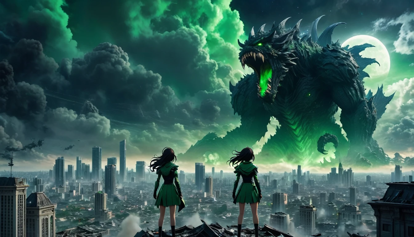 8K high-resolution images, Woman standing on top of a building,anime, A city destroyed by a space monster, Devouring people, Corpses Everywhere, Green sky and black clouds,The wind is blowing, In the background is a giant space monster devouring the moon.. 