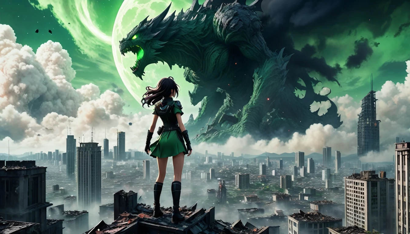 8K high-resolution images, Woman standing on top of a building,anime, A city destroyed by a space monster, Devouring people, Corpses Everywhere, Green sky and black clouds,The wind is blowing, In the background is a giant space monster devouring the moon.. 