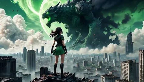 8K high-resolution images, Woman standing on top of a building,anime, A city destroyed by a space monster, Devouring people, Cor...