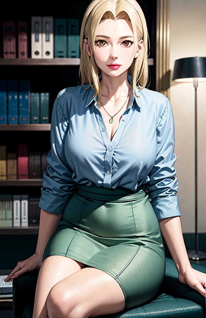 bonne anatomie, chef-d&#39;œuvre, Meilleure qualité, 4k, 8k, photographie professionnelle, Lumière douce, netteté, espace bureau, 1 fille, assis sur une chaise, cheveux blond, chemise boutonnée blanche, cheveux blond, banques séparées, Visage détaillé+yeux marrons, sourire, lèvres fermées, rouge à lèvres, collier, étagères, les fenêtres, lampe de bureau,   