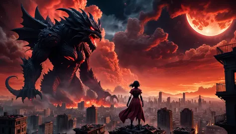 8K high-resolution images, Woman standing on top of a building,anime, A city destroyed by a space monster, Devouring people, Cor...