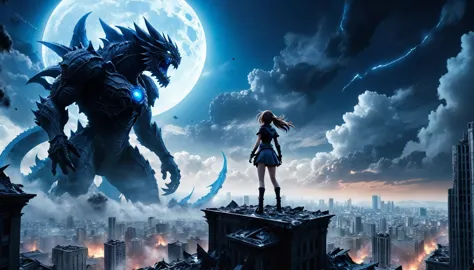 8K high-resolution images, Woman standing on top of a building,anime, A city destroyed by a space monster, Devouring people, Cor...