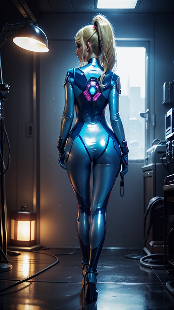 sci fi, bodysuit, heels , Standing, from behind, WET, LIGHTS, SHINY
