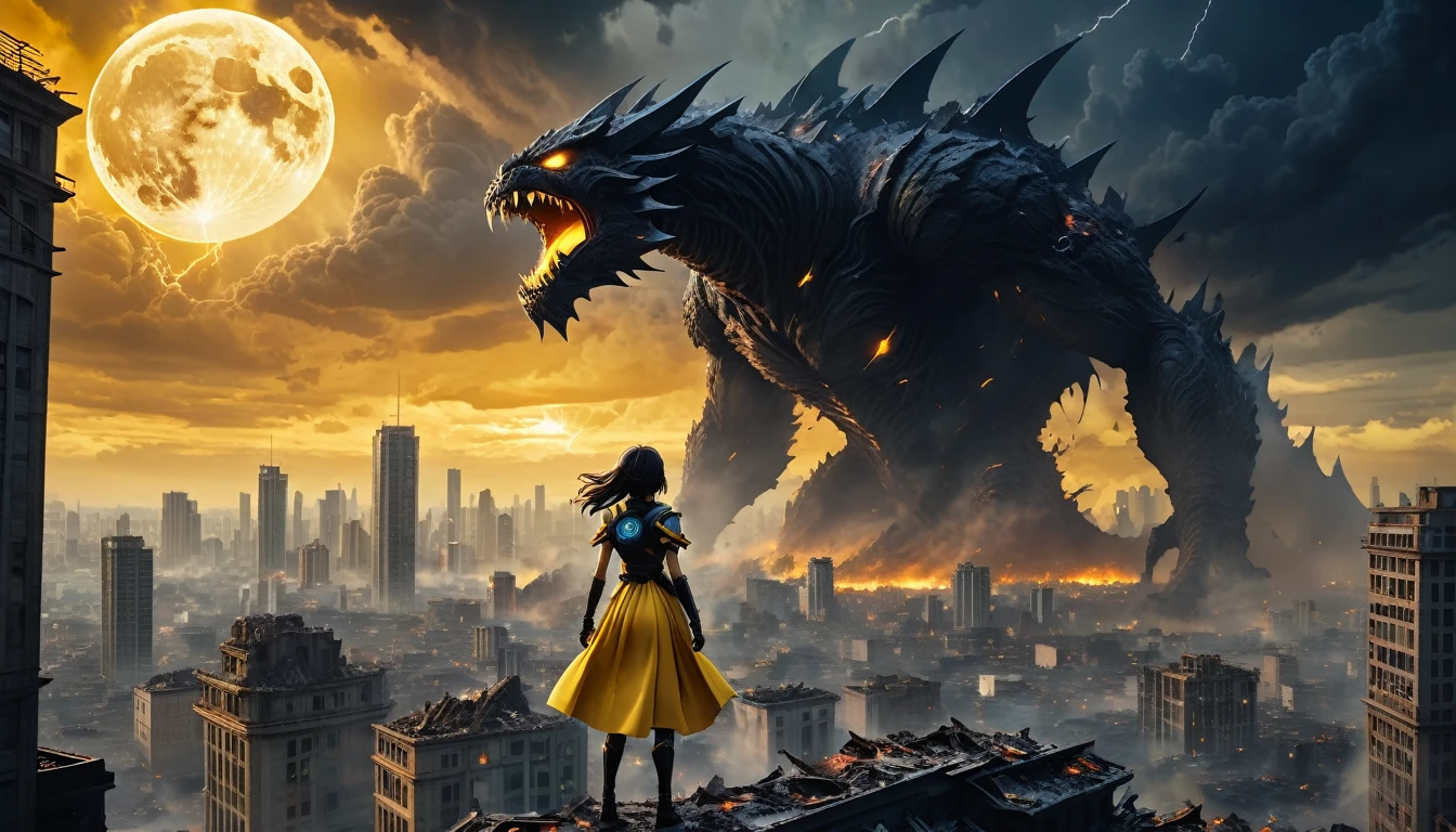 8K high-resolution images, Woman standing on top of a building,anime, A city destroyed by a space monster, Devouring people, Corpses Everywhere, Yellow sky and black clouds,Thunder Magic, In the background is a giant space monster devouring the moon.. 