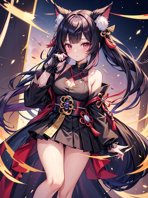 anime girl with long hair and a cat ears in a black outfit, ayaka genshin impact, ayaka game genshin impact, keqing from genshin...