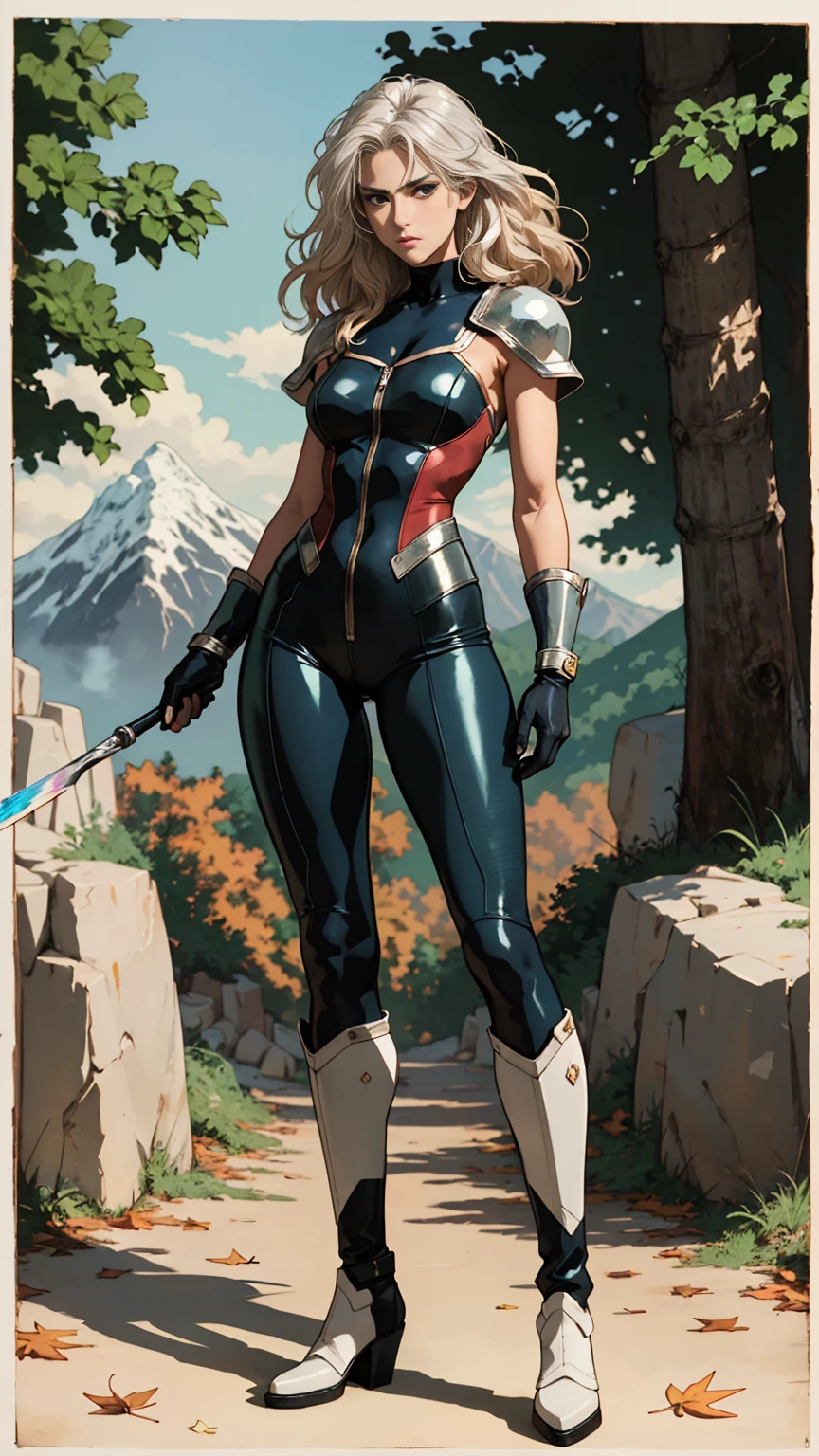 (((full body photo))),A middle-aged beautiful woman, long platinum-blond hair, neatly combed hair, a square face, a serious expression, sharp eyes, tall figure, a dark fantasy-realistic style bodysuit, short sleeve, a silver-white chestplate, gloves with metal accessories, three metal blades extending from the gloves, tight-fitting pants that match the bodysuit, silver-white metal shin guards, boots, the background is a mountain forest at night, with falling leaves, this character embodies a finely crafted fantasy-realistic style assassin in anime style, characterized by an exquisite and mature manga illustration art style, high definition, best quality, highres, ultra-detailed, ultra-fine painting, extremely delicate, professional, anatomically correct, symmetrical face, extremely detailed eyes and face, high quality eyes, creativity, RAW photo, UHD, 8k, Natural light, cinematic lighting, masterpiece-anatomy-perfect, masterpiece:1.5