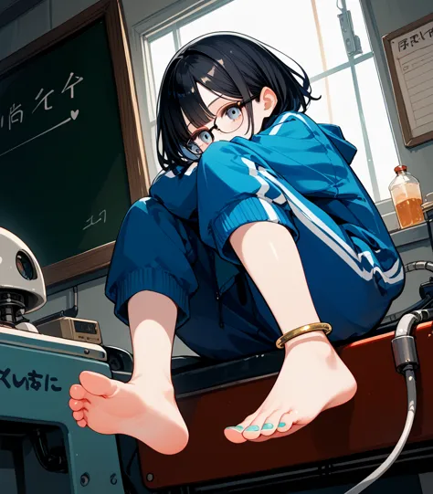 score_9, score_8_superior,score_7_superior,black hair,loose fitting blue tracksuit,loose fitting blue track pants,glasses,black ...