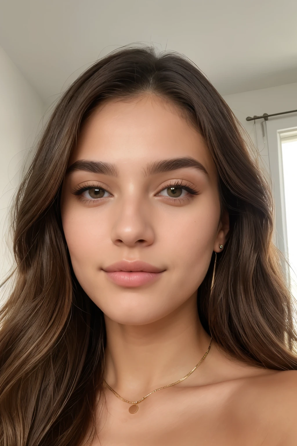 A woman with long brown hair wearing a white top and gold necklace - SeaArt  AI