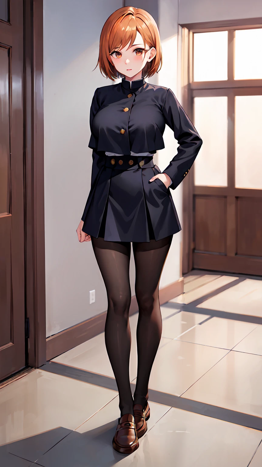 masterpiece, Highest quality, High resolution, Anabara, short hair, (Black jacket:1.2), button, Long sleeve, Black Skirt, High Waist Skirt, Black Pantyhose, indoor, Put your hands in your pockets,1 girl, whole body,choker、slave、 Big Breasts、Breast enlargement，big、Expressionless、（Blacknee-length socks:1.4）Micro Mini Skirt、loafers、Long legs、Long legs、Thin legs