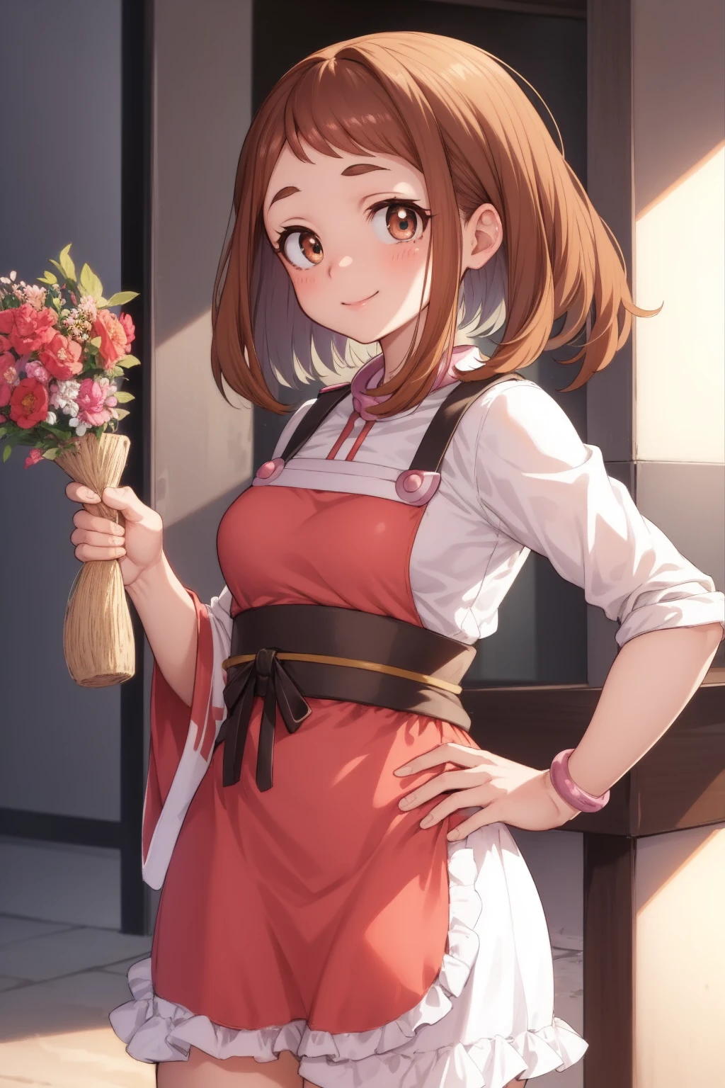 ochakouraraka, ochako uraraka, (uraraka ochako:1.5), (brown eyes:1.5), brown hair, short hair, blush,
BREAK japanese clothes, kimono, apron, red ribbon, waitress, red kimono,
BREAK outdoors, city,
BREAK looking at viewer, cowboy shot,pose, hand on hip,seductive smile,
BREAK NSFW,(masterpiece:1.2), best quality, high resolution, unity 8k wallpaper, (illustration:0.8), (beautiful detailed eyes:1.6), extremely detailed face, perfect lighting, extremely detailed CG, (perfect hands, perfect anatomy),