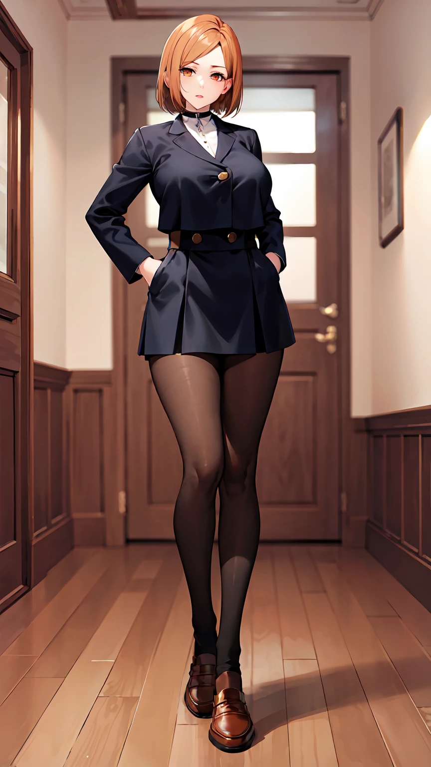 masterpiece, Highest quality, High resolution, Anabara, short hair, (Black jacket:1.2), button, Long sleeve, Black Skirt, High Waist Skirt, Black Pantyhose, indoor, Put your hands in your pockets,1 girl, whole body,choker、slave、 Big Breasts、Breast enlargement，big、Expressionless、（Blacknee-length socks:1.4）Micro Mini Skirt、loafers、Long legs、Long legs、Thin legs