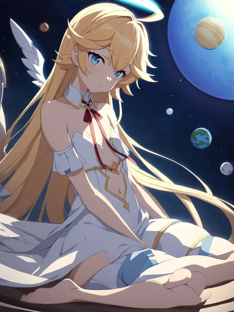 zaora, blue eyes, (variegated eyes:0.5), blonde, very long hair, twin blade, bangs, ahoge, hello, angel, flat chest, white dress...