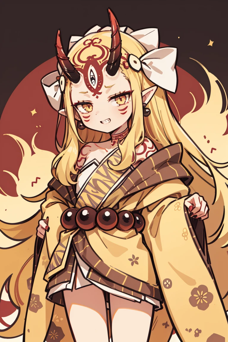 1 girl, standing alone, (ibaraki_Douji), blond, yellow  eyes, slitted pupils, oni horns, Japanese clothing, pointy ears, kimono, bared shoulders, Off The Shoulder, yellow kimono, forehead mark, toenails, sharp toenails, ((Red Hands)), hair accessories, slickedback hair, jewerly, aretes, ssmile, ssmile, (sharped teeth), (hands on chest), gazing at viewer, trunk, standing, work of art, best qualityer