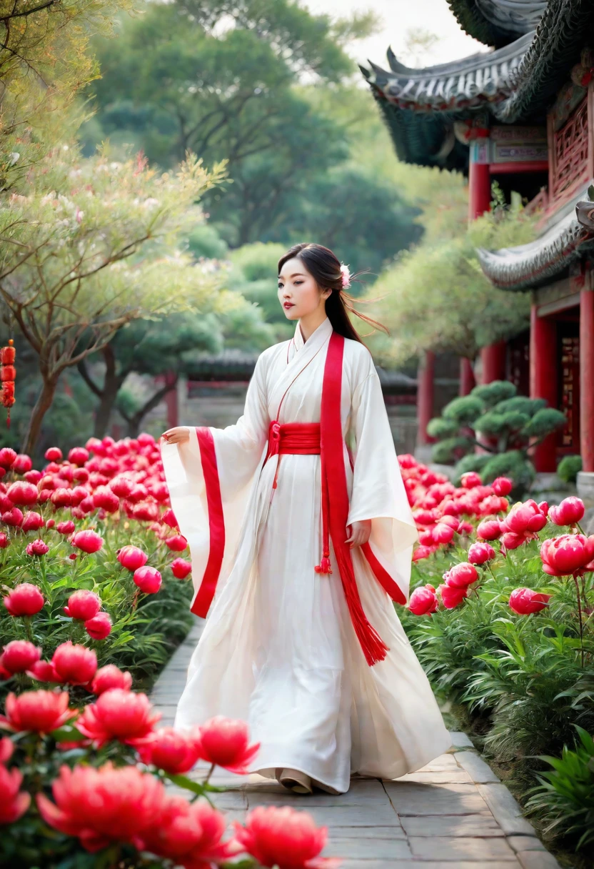 a woman wearing a white dress walking in a garden with red and white peony flowers in the foreground, a girl wearing hanfu traditional chinese clothing, long flowing hair and robe, ancient chinese garden background