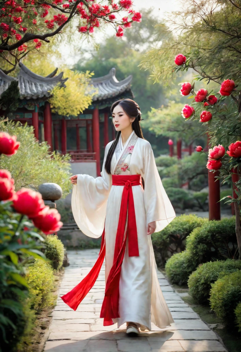 eine Frau in einem weißen Kleid geht in einem Garten spazieren, im Vordergrund sind rote und weiße Pfingstrosenblüten zu sehen, ein Mädchen in traditioneller chinesischer Hanfu-Kleidung, langes wallendes Haar und Gewand, Alter chinesischer Gartenhintergrund