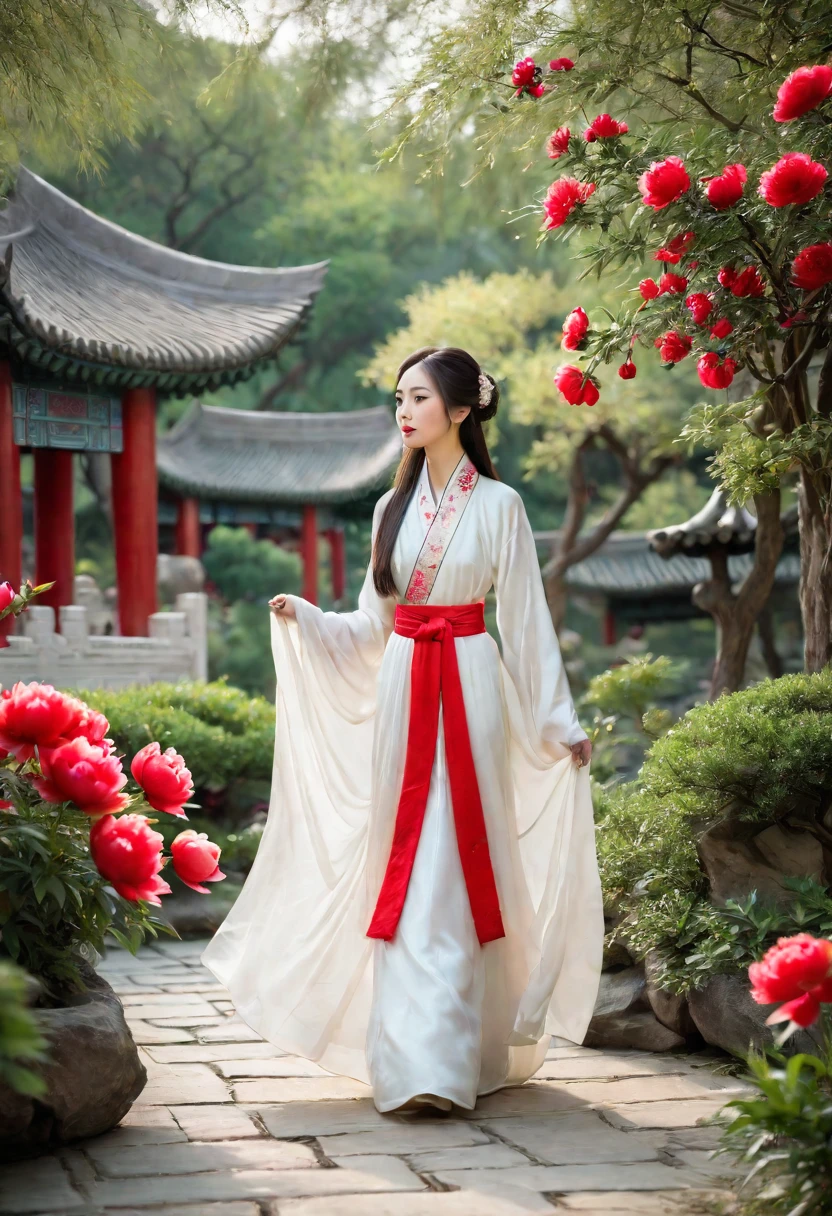 uma mulher usando um vestido branco andando em um jardim com flores de peônia vermelhas e brancas em primeiro plano, uma garota vestindo roupas tradicionais chinesas de hanfu, cabelos longos e esvoaçantes e roupão, fundo de jardim chinês antigo