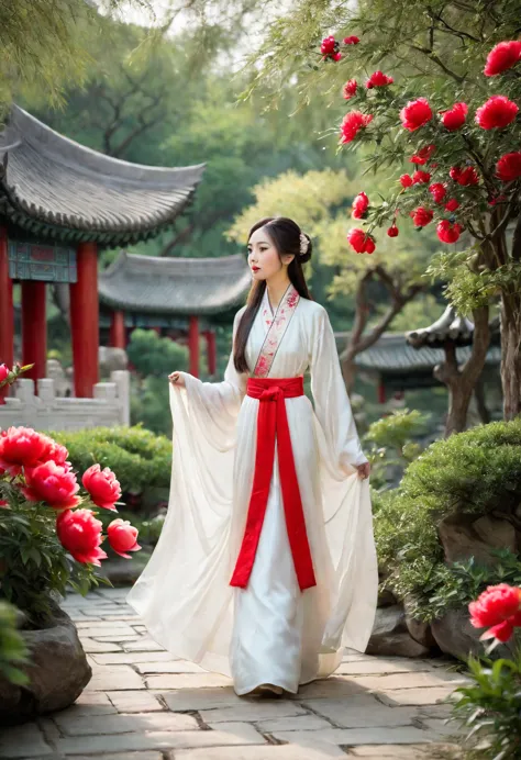 a woman wearing a white dress walking in a garden with red and white peony flowers in the foreground, a girl wearing hanfu tradi...