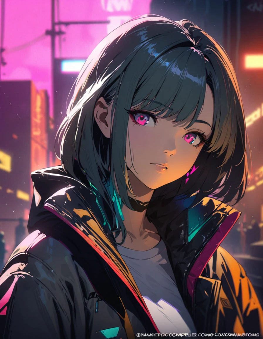 Una hermosa chica vestida con compleja ropa urbana cyberpunk., retrato detallado, 4k, colores brillantes, arte conceptual, atmósfera cinematográfica dramática, enfoque nítido, iluminación volumétrica, iluminación cinematográfica, Calidad de estudio