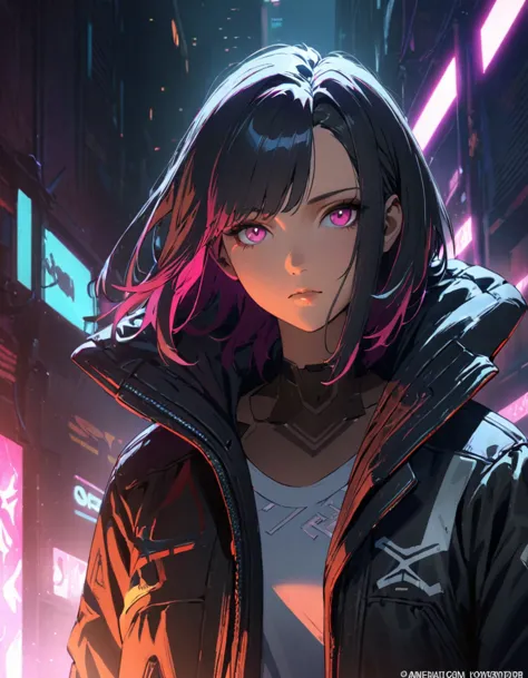 A beautiful girl wearing complex cyberpunk streetwear, detailed portrait, 4k, bright colors, concept art, cinematic dramatic atm...